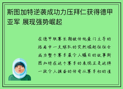 斯图加特逆袭成功力压拜仁获得德甲亚军 展现强势崛起
