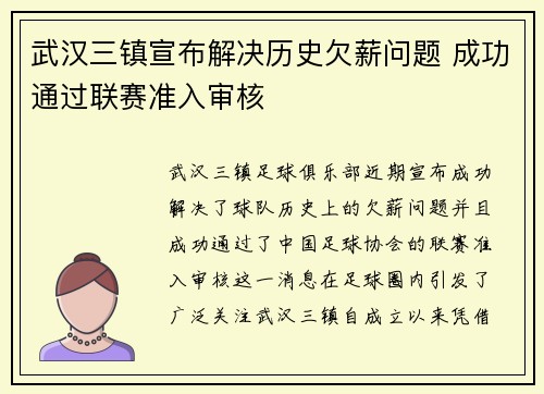 武汉三镇宣布解决历史欠薪问题 成功通过联赛准入审核